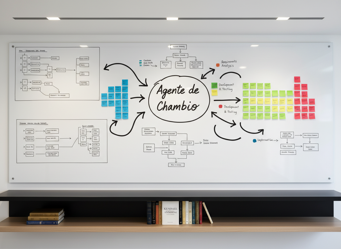 A large whiteboard wall filled with meticulously drawn UML diagrams, inventory workflows for a small business, and color-coded sticky notes representing SDLC phases. Bold arrows connect analysis, design, development, and implementation, with a clearly circled “Agente de Cambio” phrase in the center. Below, a minimalist floating shelf holds technical books, including a prominently placed Kendall & Kendall systems analysis text. Natural overhead office lighting creates an even, neutral illumination with soft reflections on the whiteboard surface. Photographic realism, shot from a slightly wide, eye-level angle to capture the full expanse, clean and modern aesthetic, evoking a strategic, analytical, and academic atmosphere.