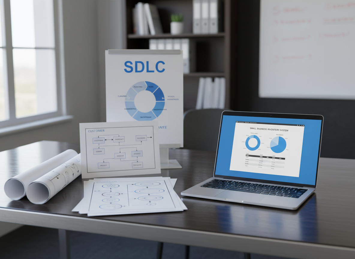 A sleek glass-and-metal workstation table covered with neatly arranged system analysis artifacts: printed data flow diagrams, entity-relationship models, and a clearly labeled SDLC lifecycle poster. Beside them, an open high-resolution laptop screen displays a dashboard for a small business inventory system with clean charts and tables. The surface is a dark matte wood, with a subtle reflection of the screen glow. Soft daylight from a nearby window illuminates the scene, creating gentle shadows and a professional, focused mood. Photographic realism, eye-level composition with a slight angle, sharp focus on the documents and screen while the background office shelves and whiteboard fade into a soft bokeh blur, conveying structured thinking and organized analysis.