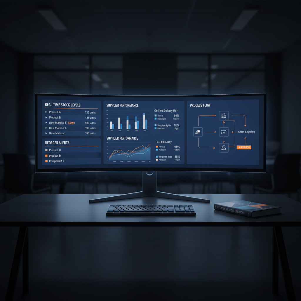A modern digital dashboard mockup displayed on a large, ultra-wide monitor in a dimly lit office, showing a comprehensive inventory management system for a small business: real-time stock levels, reorder alerts, supplier performance charts, and process flow indicators. The interface uses a professional palette of deep blues, whites, and accent oranges, with clear typography and well-organized panels. The monitor sits on a minimalist black desk with only a keyboard and a closed systems analysis textbook. Cool, focused screen light is the primary source, casting subtle reflections on the desk surface and creating a concentrated, analytical mood. Photographic realism, straight-on composition, with a slight vignette emphasizing the glowing screen.