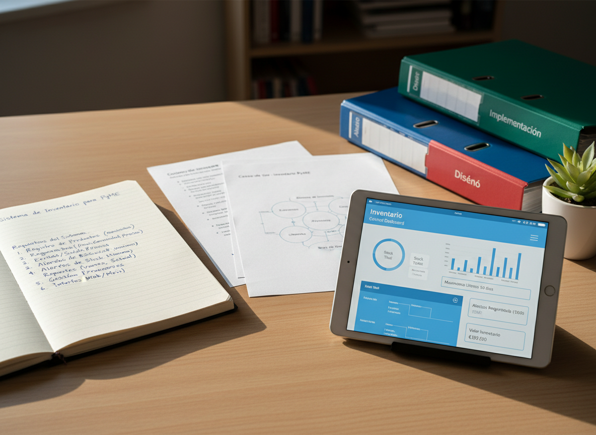 A tidy desk setup featuring an open notebook with handwritten system requirements for a PyME inventory system, alongside printed use case scenarios and a detailed context diagram. A slim tablet displays a wireframe of an inventory control dashboard with neatly organized widgets and metrics. The desk is a light oak surface, with a single small plant and a closed stack of reference binders labeled “Análisis”, “Diseño”, and “Implementación”. Soft, diffused afternoon light from the side casts gentle shadows, creating a calm, studious mood. Photographic realism, medium close-up shot from a slightly elevated angle, with shallow depth of field that keeps the documents and tablet in sharp focus while the background fades softly.