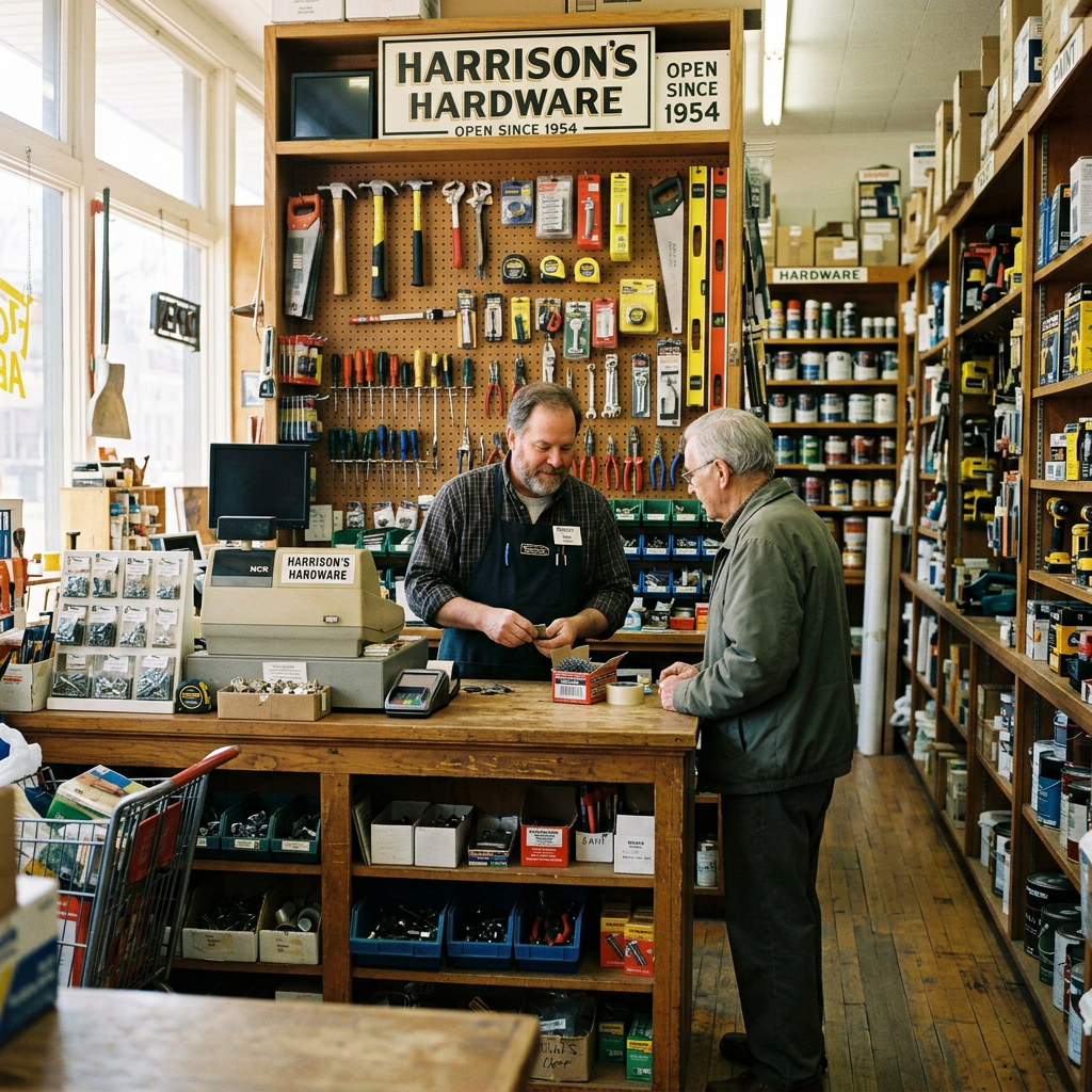 Hardware store clerk assisting elderly customer at counter with tools and supplies